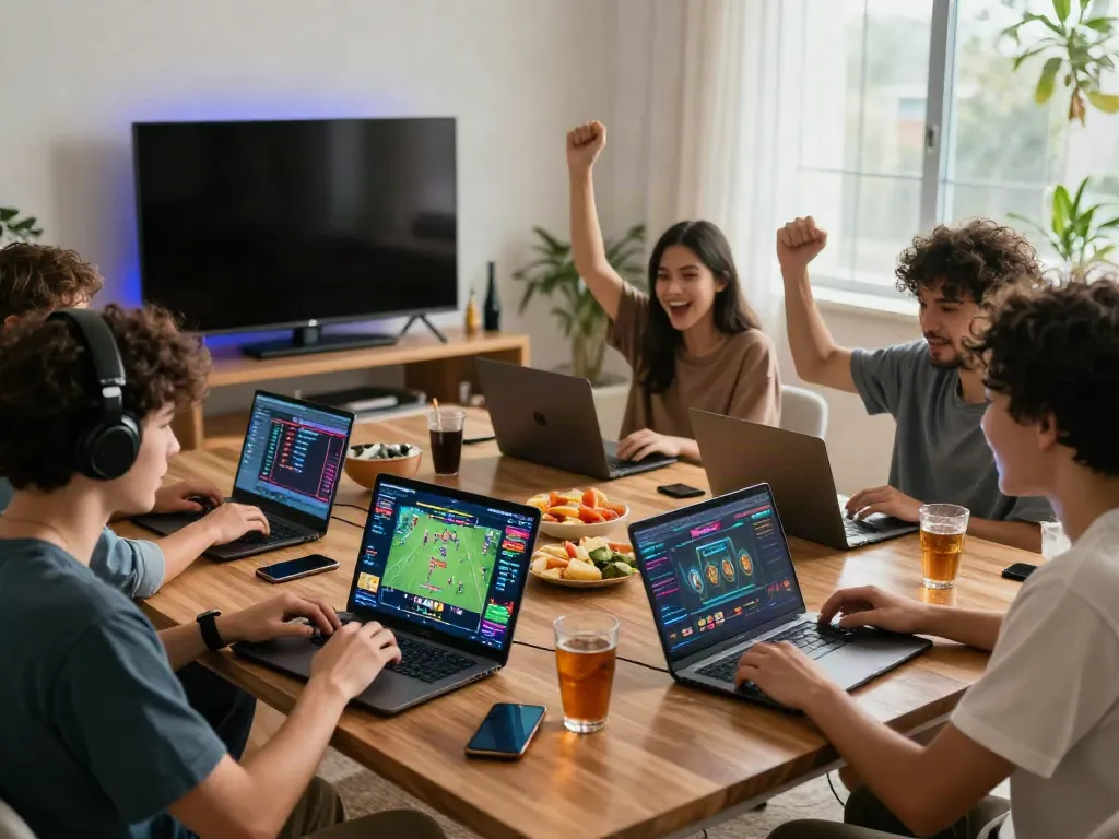 Exciting online gaming experience at FIVE88 with friends celebrating wins and engaging with games.