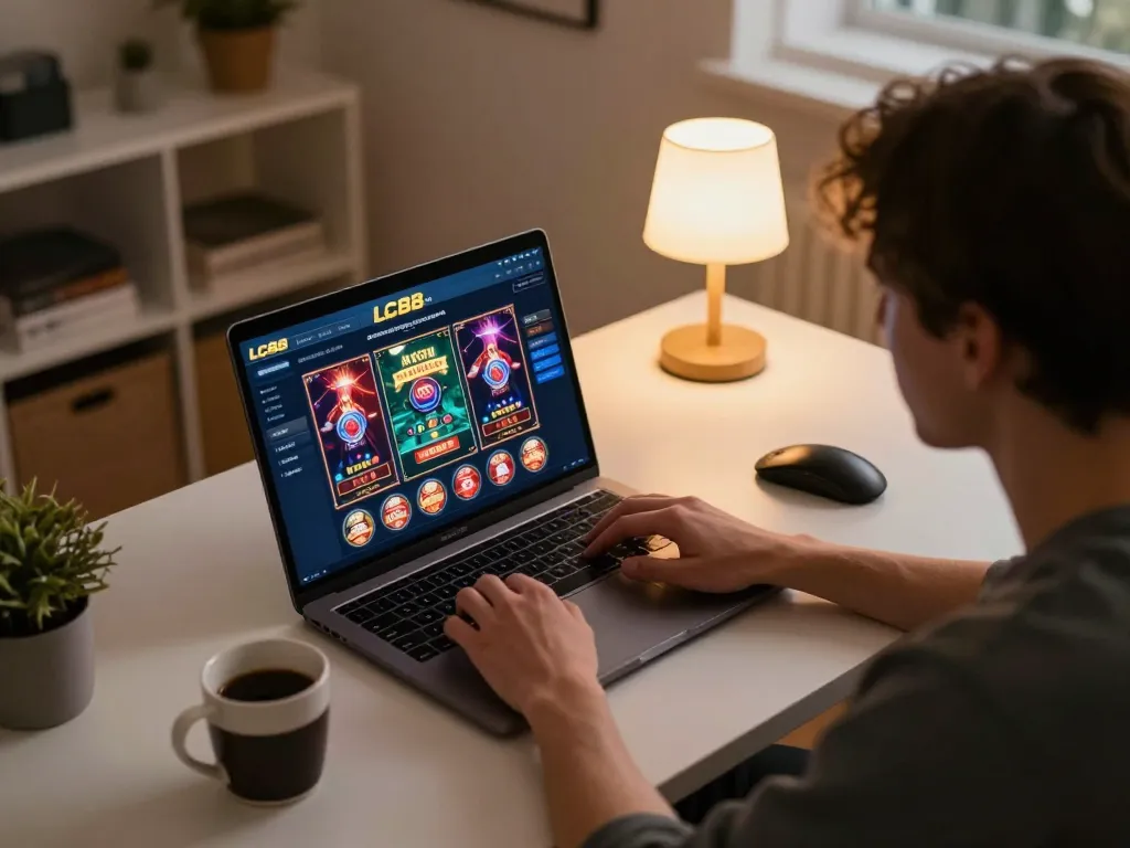 Engaging with the LC88 com online casino setup showcasing casino games on a laptop, promoting responsible gambling.