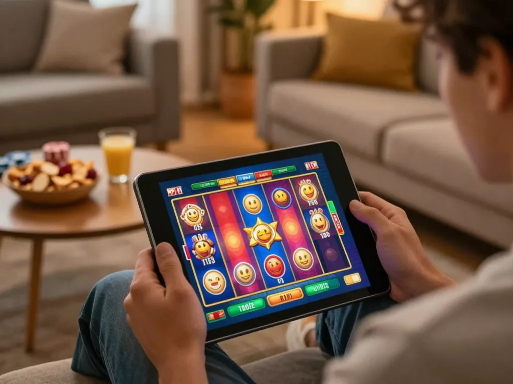 Engaging in tr88 đăng nhập, a player enjoys online slot gaming on a tablet in a cozy living room.