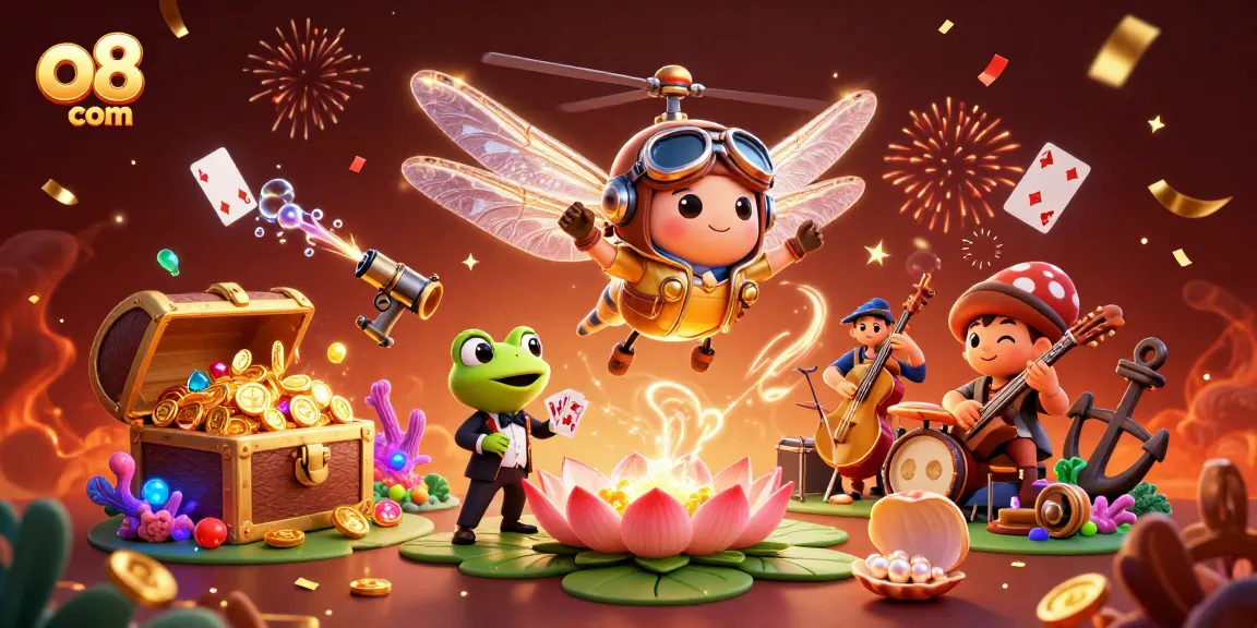 Engage with thrilling games at o8 com, featuring frog croupier and dragonfly pilot in a vibrant casino scene.