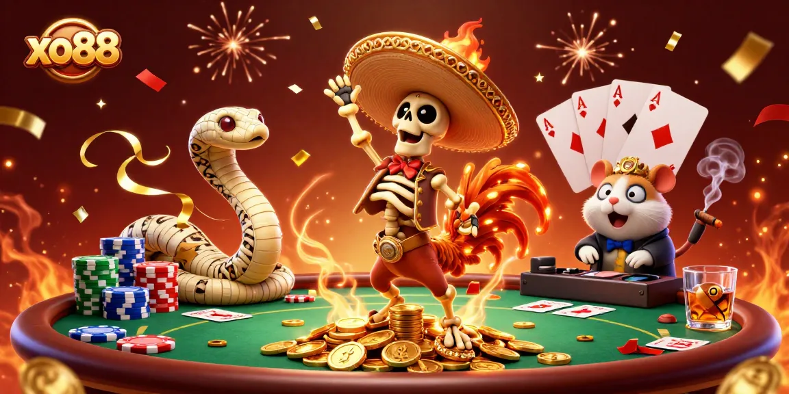Engage with xo88's vibrant 3D casino adventure featuring lively characters celebrating on a poker table.