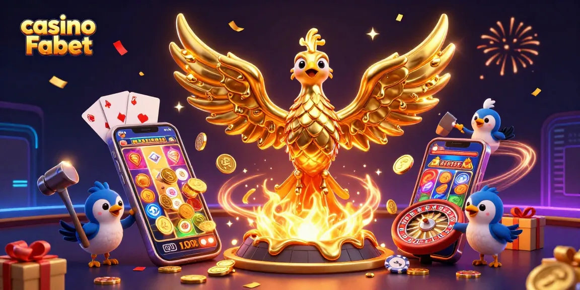 Win big at casino Fabet with vibrant 3D illustration of gold phoenix and gaming elements.