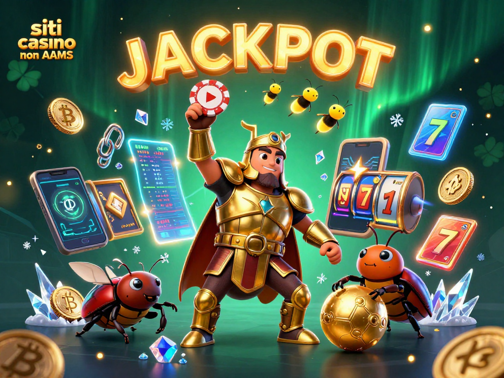 Immagine di siti casino non AAMS con un coleottero gladiatore e monete di Bitcoin in un'atmosfera vivace.