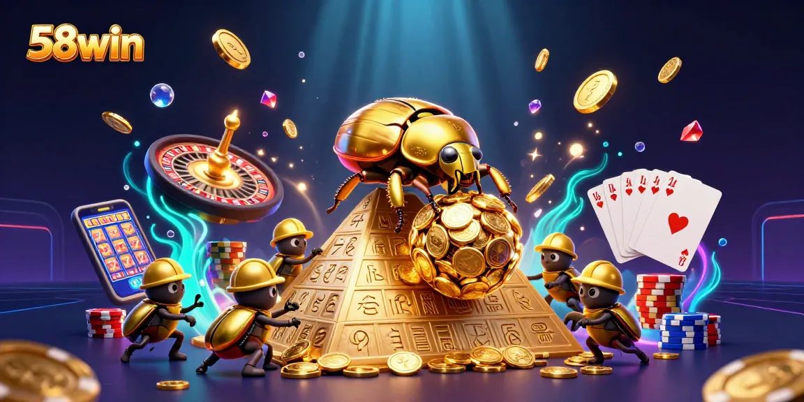 Experience the excitement of 58win with 3D cartoon elements and vibrant casino symbols.