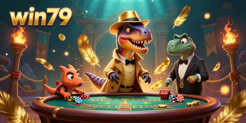 Experience the thrill of win79 gaming as a velociraptor card counter at a vibrant casino scene.