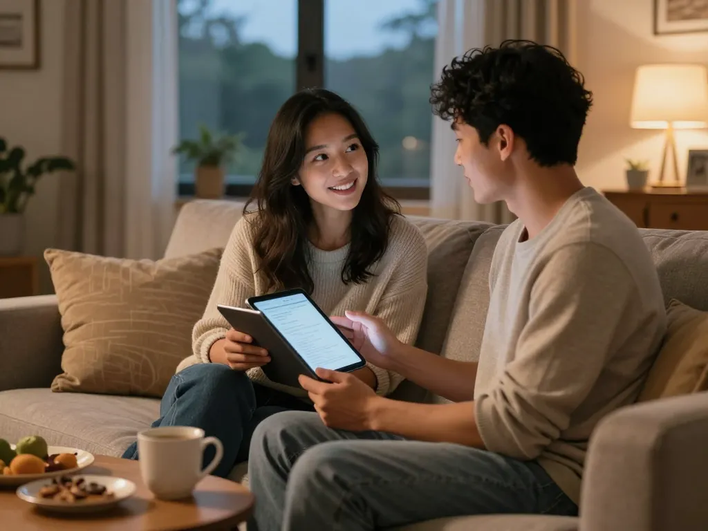 Couple enjoying cozy home moment with an ai gf chat on tablet, emphasizing AI companionship.