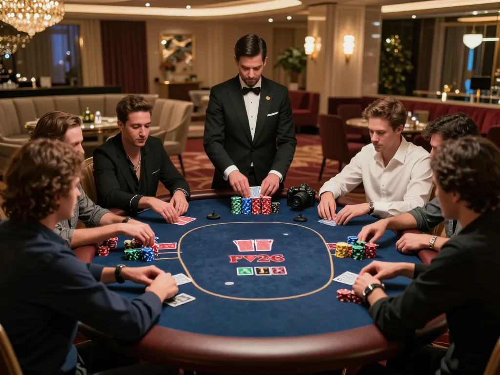 Players analyze hands at an exclusive table in Nhà cái 78WIN's high-stakes poker game, revealing strategic gameplay.