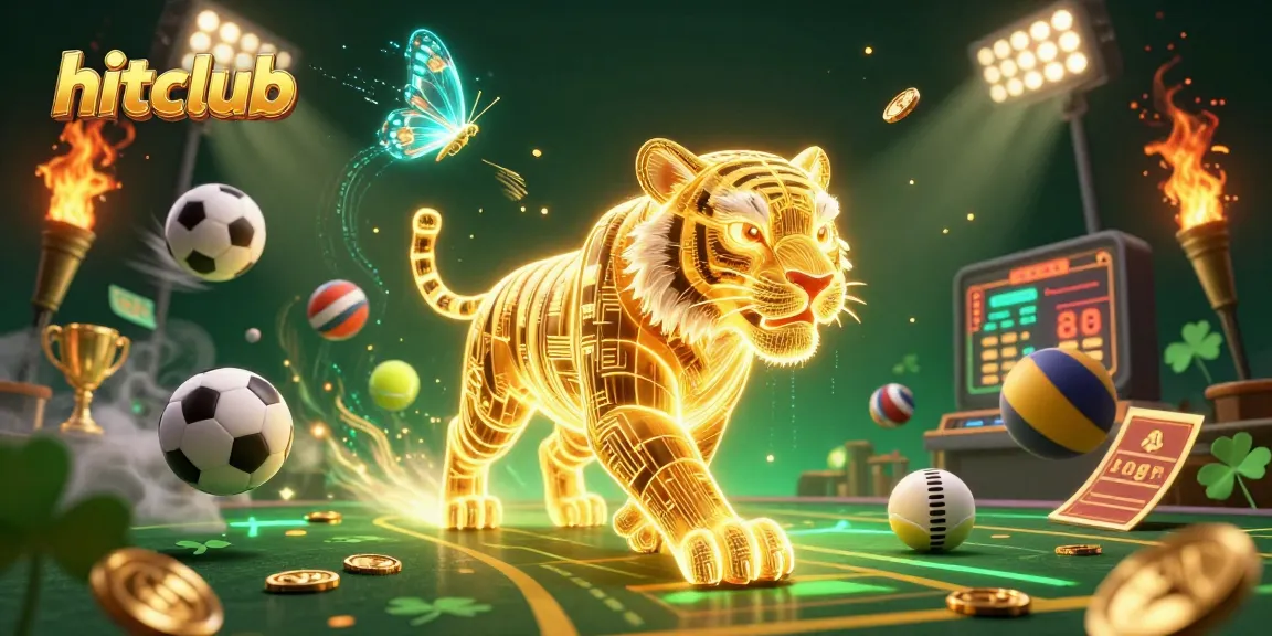 Hitclub sports betting scene featuring a luminous golden tiger and dynamic sports elements.