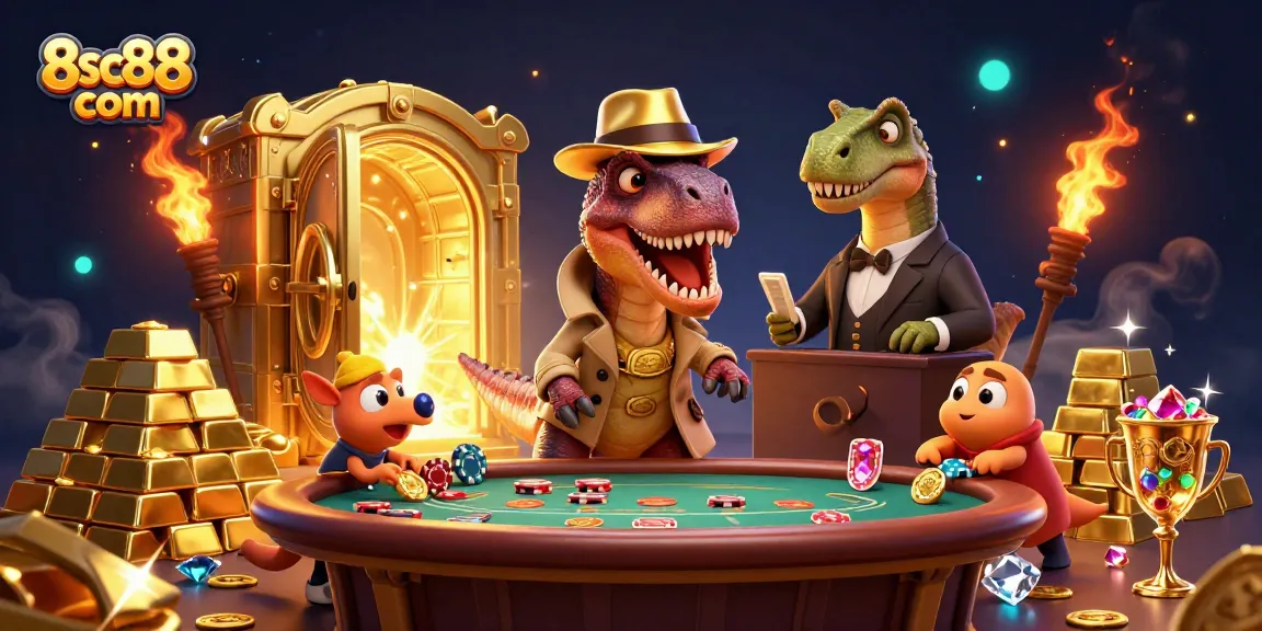 Catch the excitement of 8sc88 com as a velociraptor tries to blend in at a blackjack table surrounded by treasures.