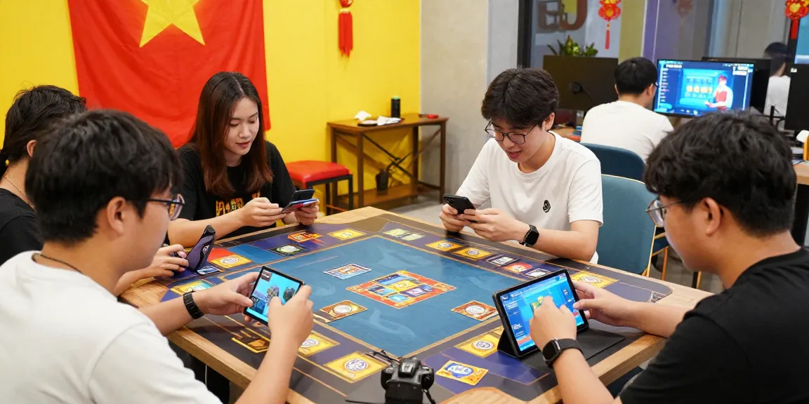 Exciting scene of players enjoying 68gamebai online gaming with vibrant decor and devices.