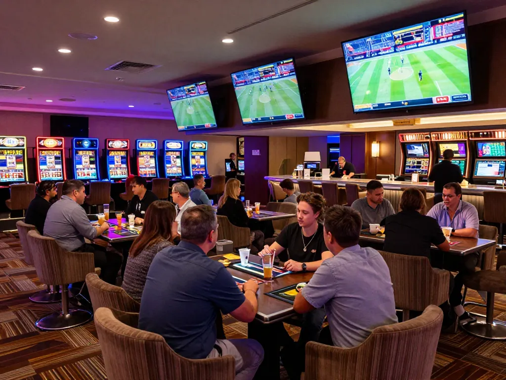 Experience thrilling sports betting at GK88 casino with vibrant atmosphere and engaged patrons.