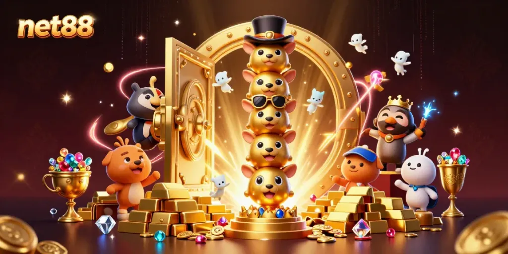 Engage with net88 by exploring a vibrant casino scene featuring golden totem and treasure elements.