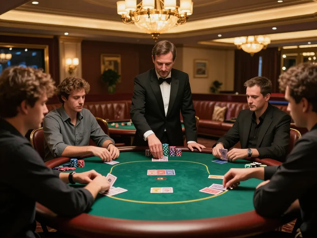 Joueurs enthousiastes élaborant des stratégies dans un casino avec des paiements rapides dans un environnement luxueux, vivez le retrait rapide au casino.