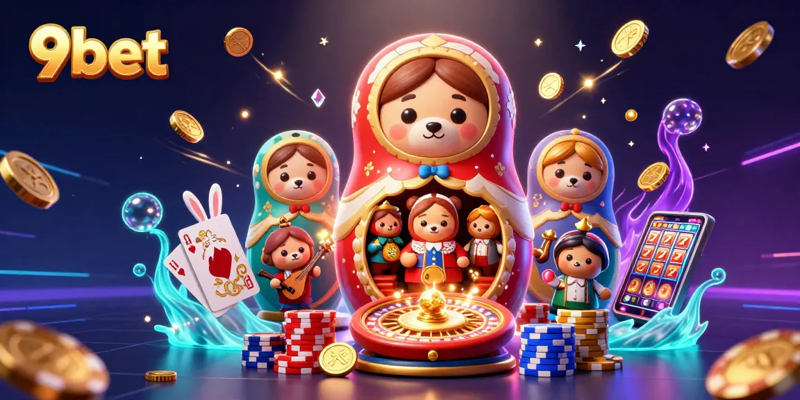 Engage with the exciting world of 9bet, featuring colorful casino elements and delightful characters.