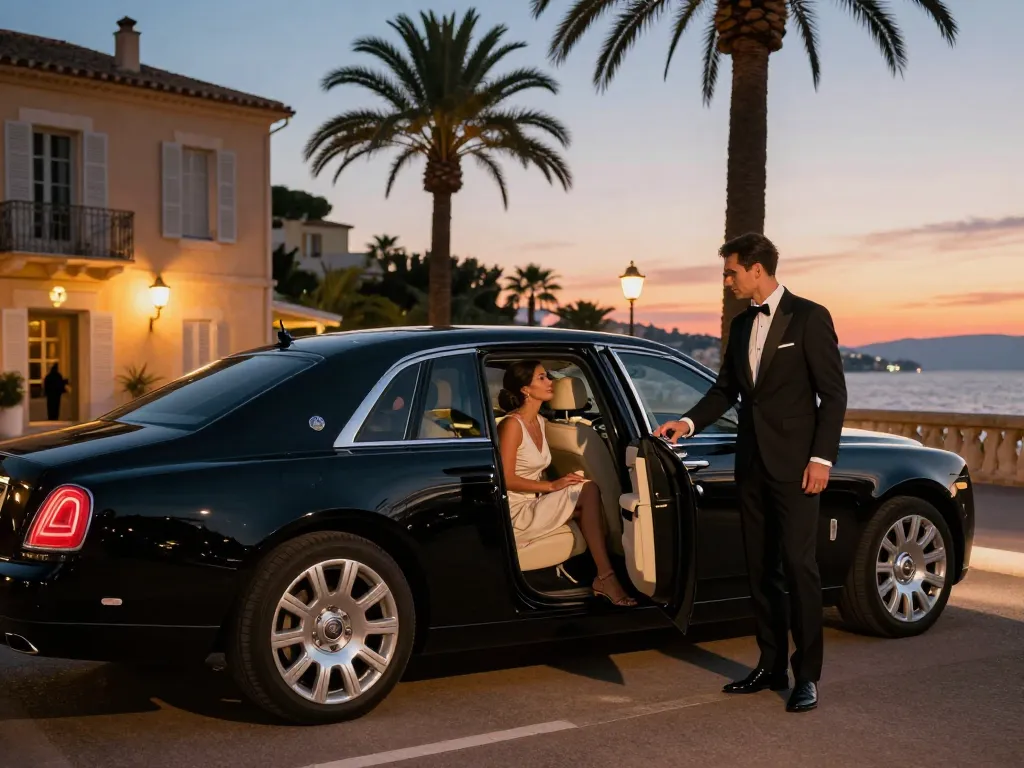 Taxi Luxueux à Saint-Tropez avec un chauffeur élégant accueillant des passagers raffinés dans une ambiance vibrante de soirée.