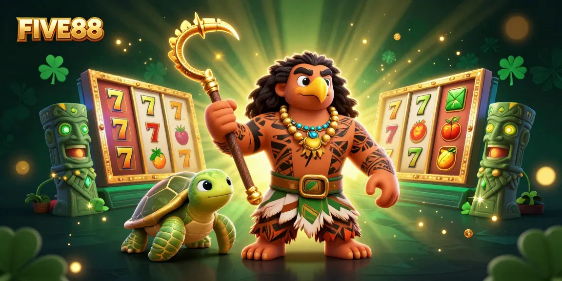 Experience the thrill of FIVE88 in this colorful 3D casino scene featuring vibrant slot reels and exciting characters.