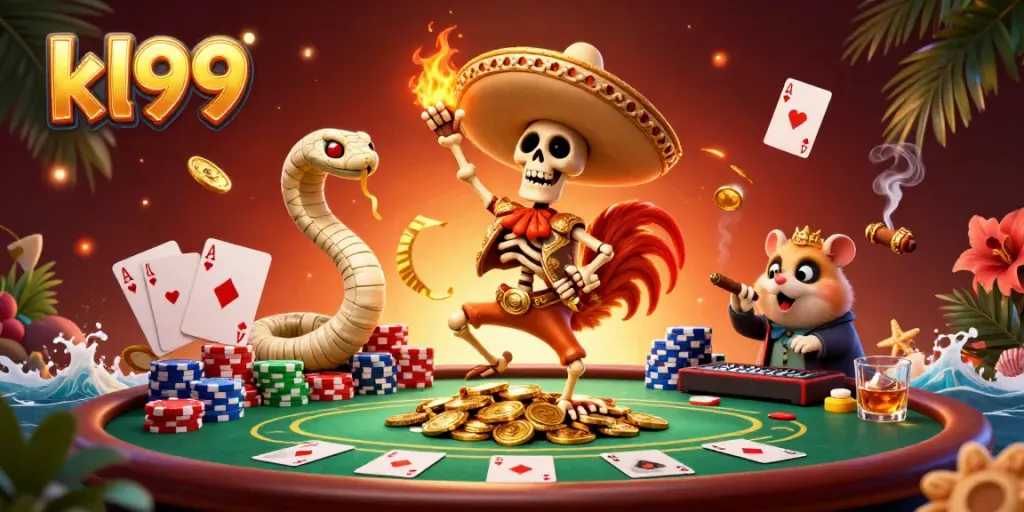 Celebrate wins at KL99 with a dynamic scene of gaming fun featuring a rooster, snake, and hamster.