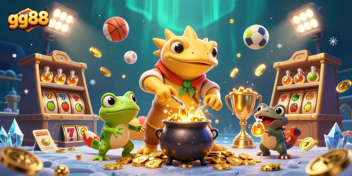 Experience the exciting gg88 slots action with golden alchemy and sports elements in a dynamic illustration.