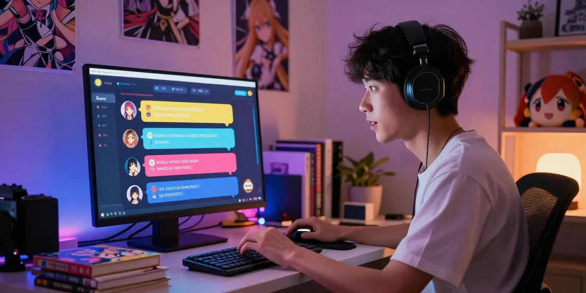User engaging in ai hentai chat with vibrant chatbot interface and cozy anime room setting.