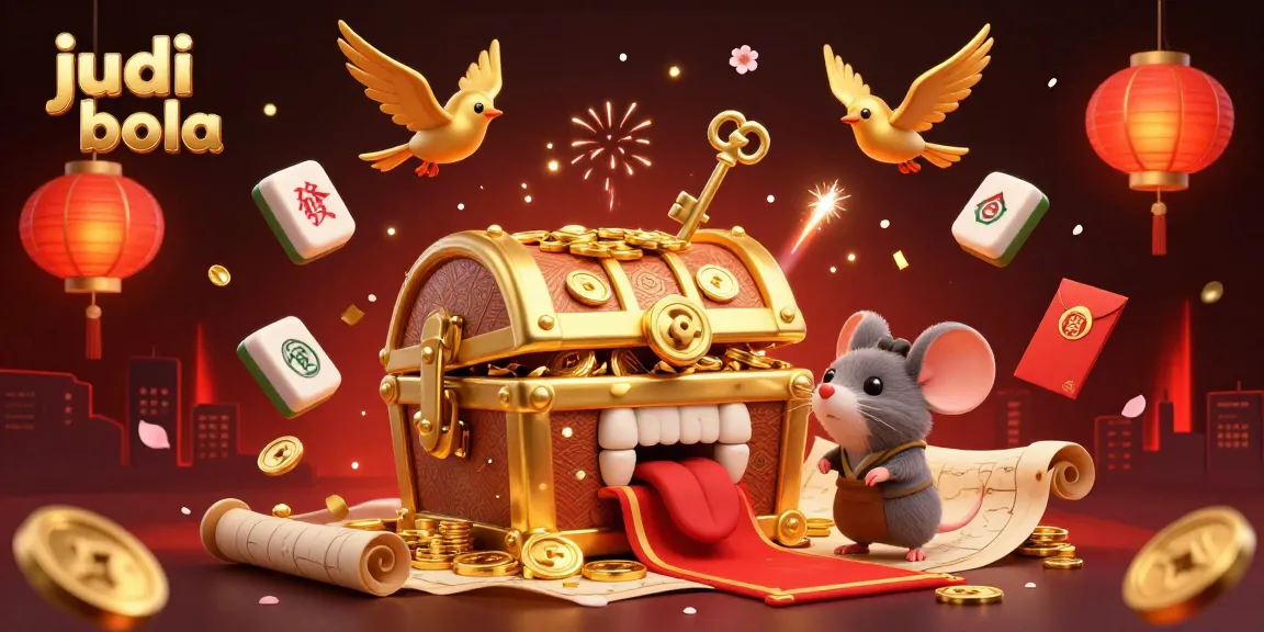 Engaging judi bola scene illustrating a golden treasure chest attracting mice with games and riches, enriched with dynamic gambling elements.