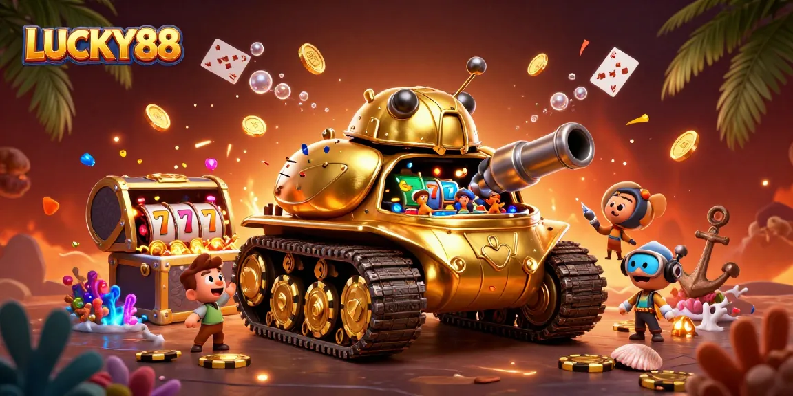 Experience LUCKY88's vibrant casino adventure with dynamic slot reels and cascading treasures.