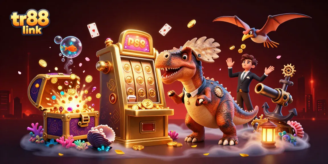 Jackpot excitement with a tr88 link themed illustration showing a dinosaur at a slot machine and golden coins flying