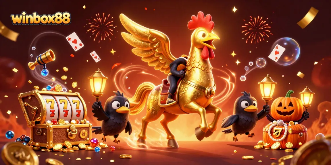 Experience the thrills of winbox88 with golden rooster characters in a captivating casino scene filled with slot reels and treasures.