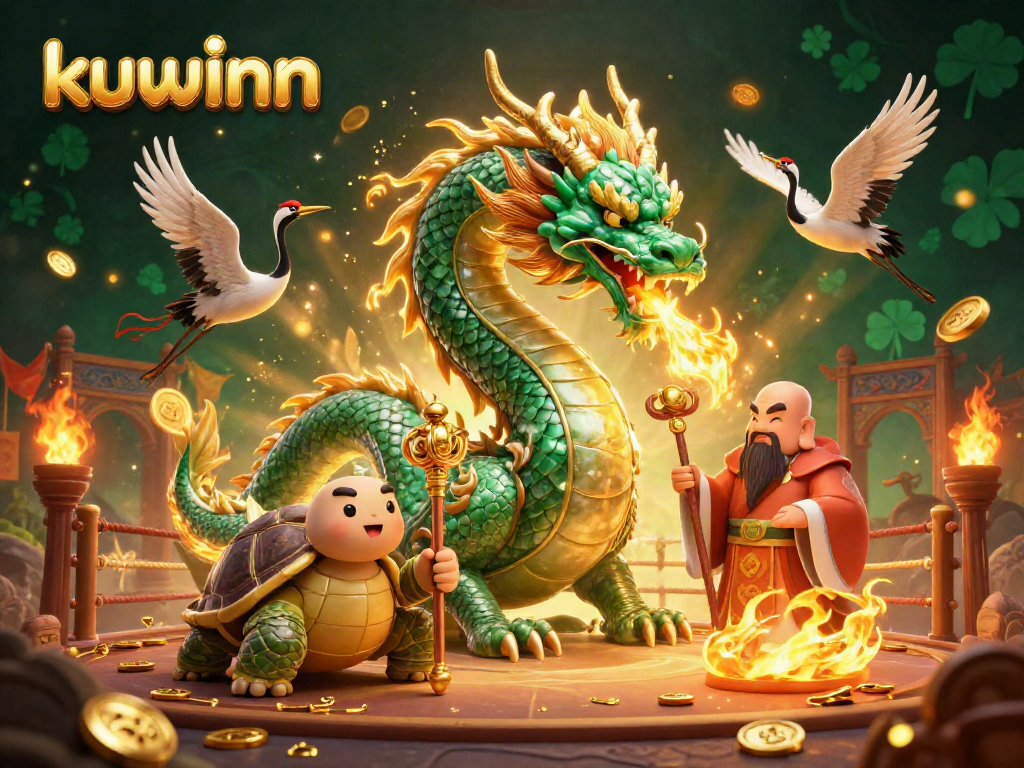 Kuwinn immersive gambling scene featuring a dragon, turtle, and cranes amidst gold coins and mystical elements.