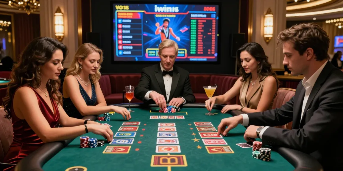 Exciting gaming scene at iwin casino with friends, vibrant table and cocktails, luxury ambiance.