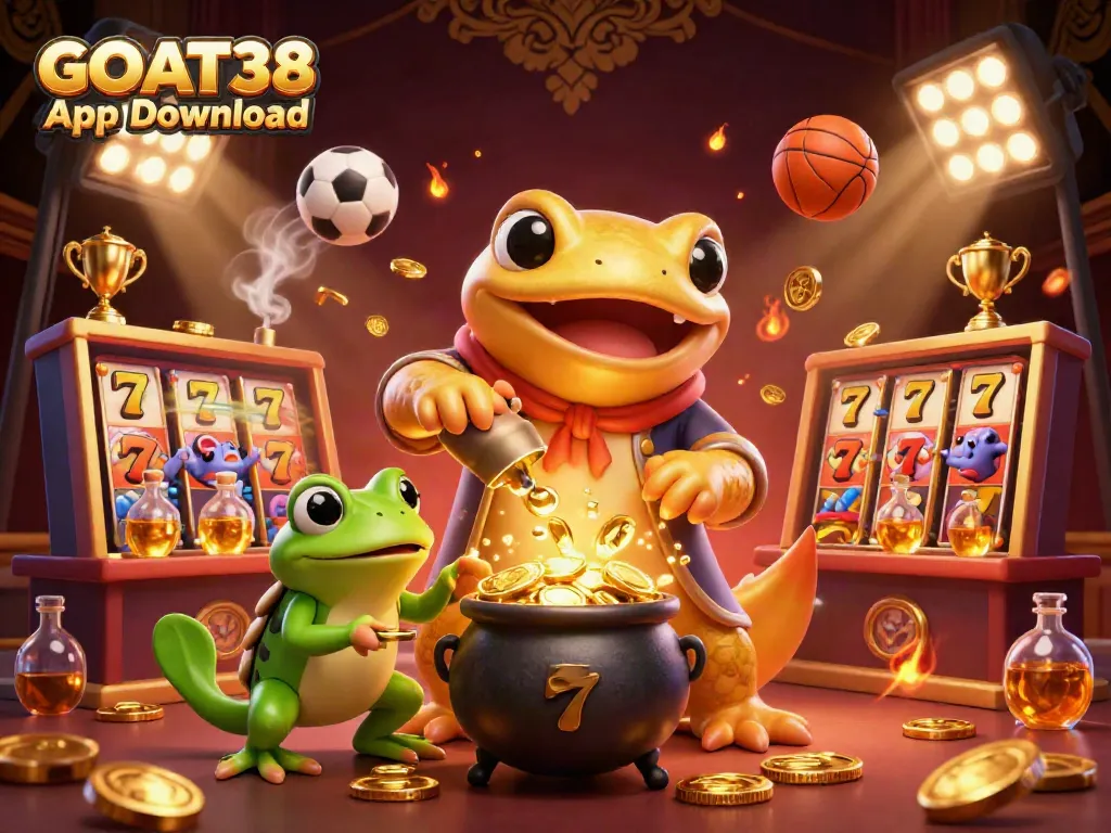 Experience the thrill of the GOAT38 App Download with a vibrant casino scene blending excitement and golden rewards.