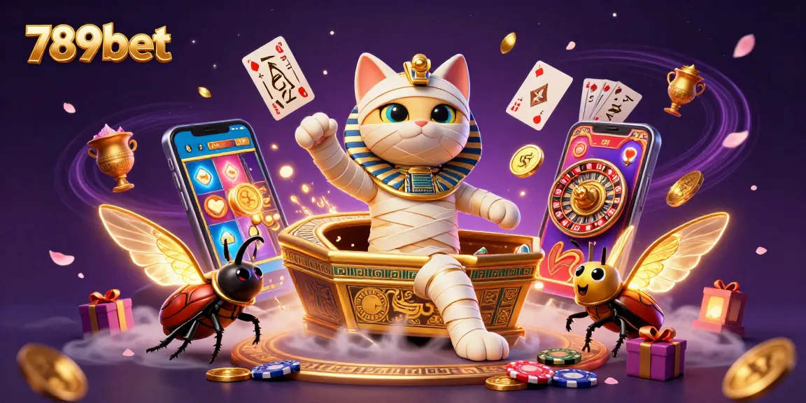 Experience excitement with 789bet as Egyptian mummy cat and scarab beetle come alive in a vibrant casino.