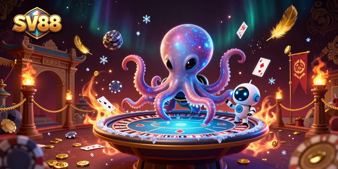 SV88 alien octopus at a vibrant poker table, surrounded by casino elements, creating an energetic atmosphere.