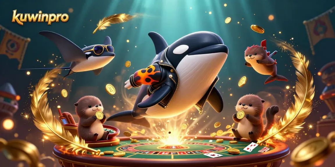 Engage in thrilling gameplay with kuwinpro amid orca and sea otters, surrounded by gold coins and casino elements.