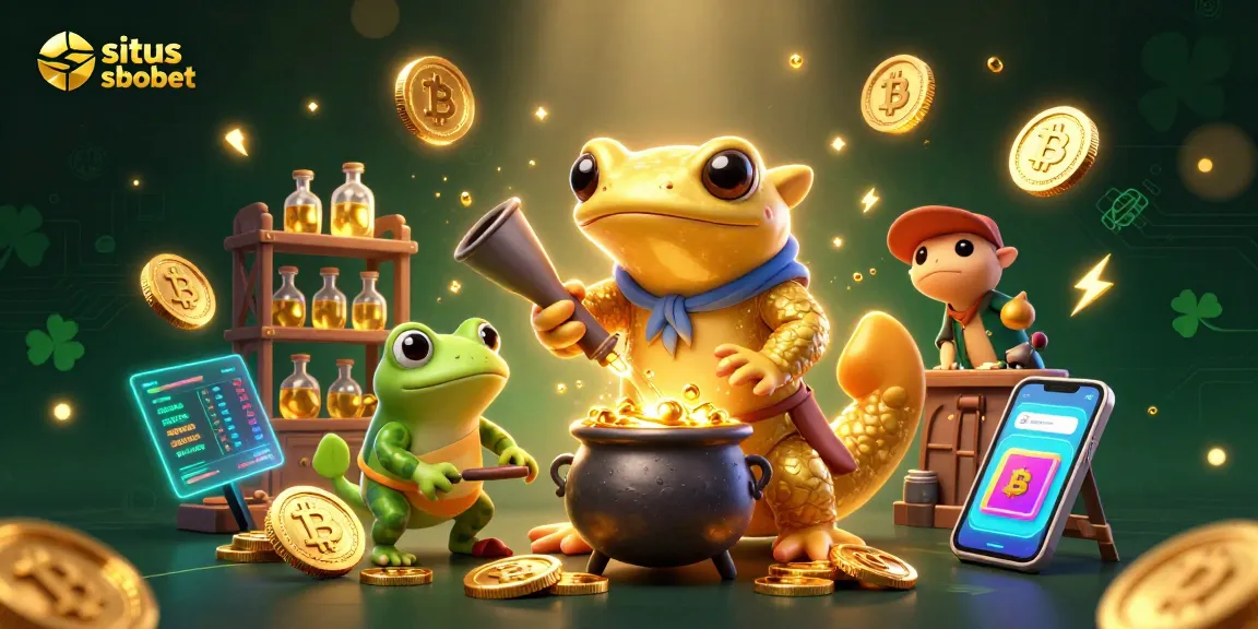 Experience excitement at situs sbobet with dynamic betting scene featuring gold coins, frogs, and blockchain elements.
