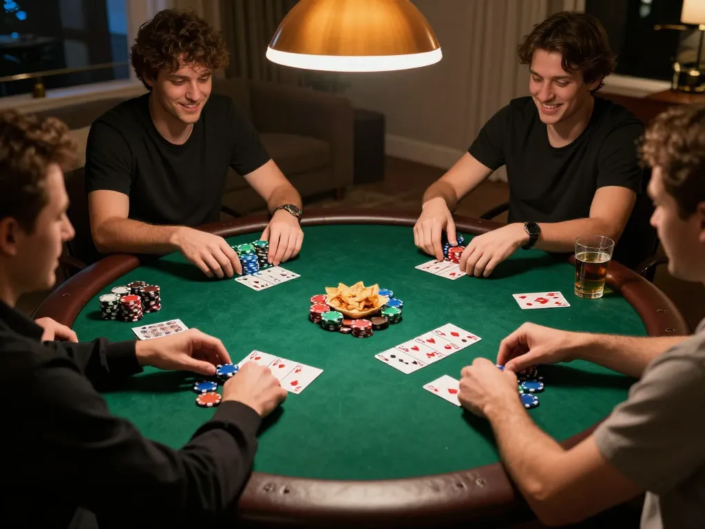Kwin poker night setting with vibrant chips and friendly players enjoying the game.