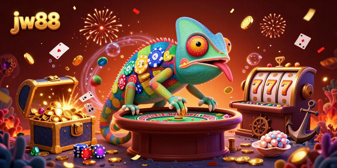 Engage with the dynamic world of jw88, where a colorful chameleon owner delights in golden coins amidst a lively casino setting.