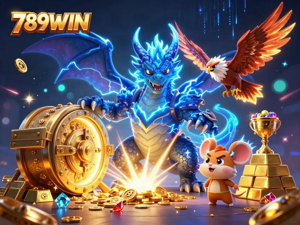 Experience excitement with 789WIN in a dynamic 3D casino scene featuring mythical characters and treasure.