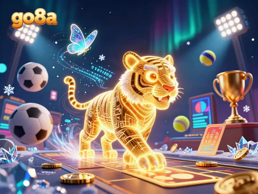 Experience thrilling gameplay at go8a with a vibrant casino landscape featuring a golden tiger and holographic butterflies.
