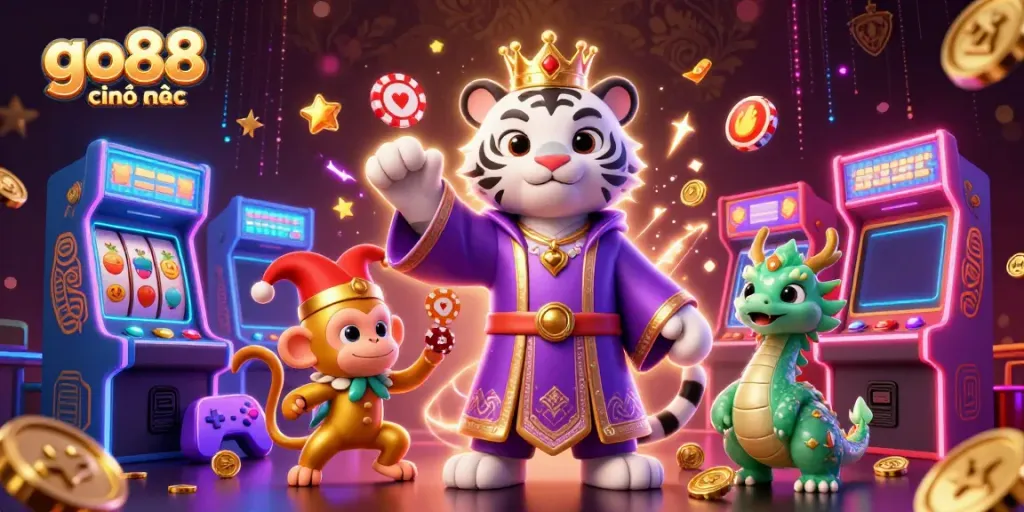 Experience the thrill of go88 chính thức as the white tiger and golden monkey play with casino elements.