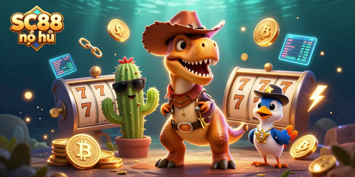 Play SC88 nổ hũ with exciting jackpots and vivid 3D characters in a vibrant casino scene.