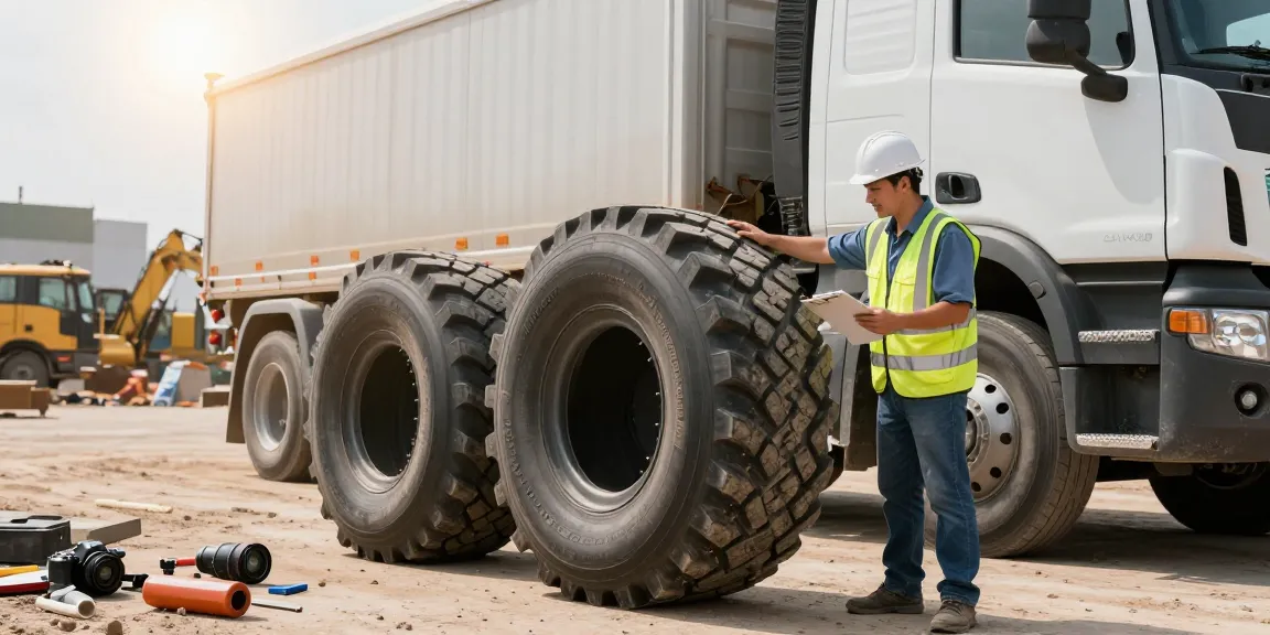 Truck driver inspecting Double Coin RR99 tires at a construction site with safety gear, showcasing durability and performance.