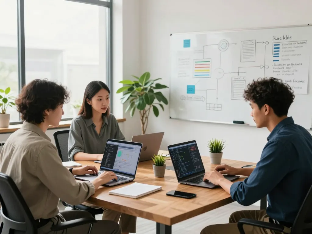 Collaboration on tech gadgets for productivity in a modern office setting, featuring a diverse team engaged in a focused work session.