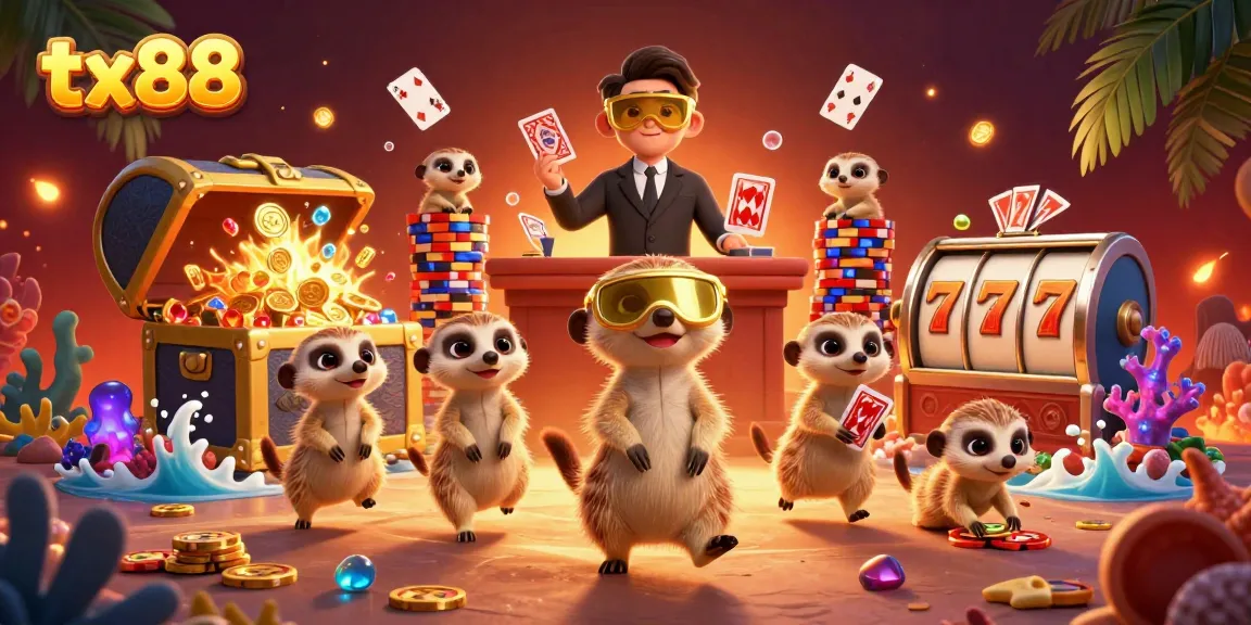 Experience lively gaming action at tx88 with playful meerkats running a vibrant casino.