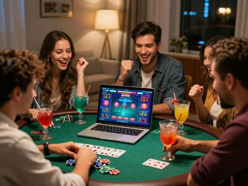 Divertimento con amici in un siti casino non AAMS, giocando attorno a un laptop con giochi vibranti.