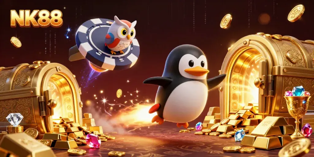 Experience exciting gaming at NK88 with a dynamic 3D illustration featuring a golden penguin and treasures.