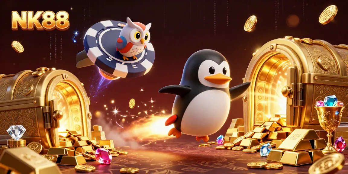 Experience exciting gaming at NK88 with a dynamic 3D illustration featuring a golden penguin and treasures.