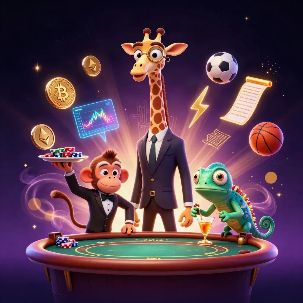 Suited giraffe, monkey valet, and chameleon bartender amid coins, lightning, and casino glam.