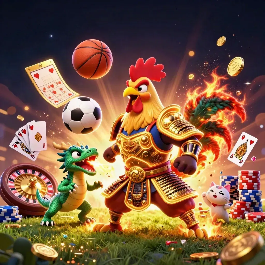Rooster warrior, dragon hatchling, and fortune cat amid casino loot and flying sports balls.