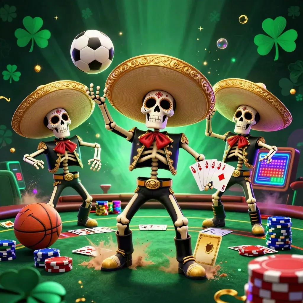 Skeleton mariachi trio, soccer ball burst, poker chips, gold glow, casino sports key art.