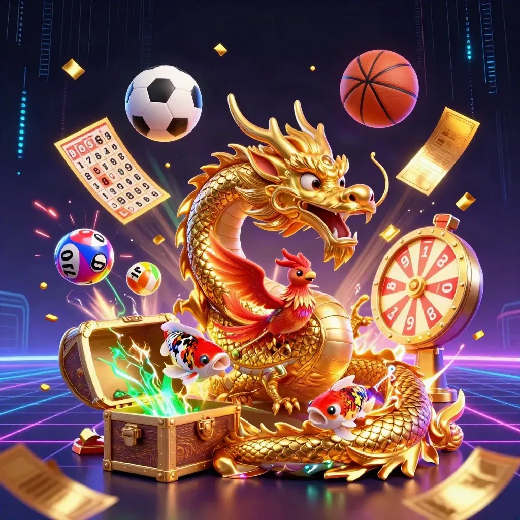 Golden dragon and casino props burst with a soccer ball in neon casino light.